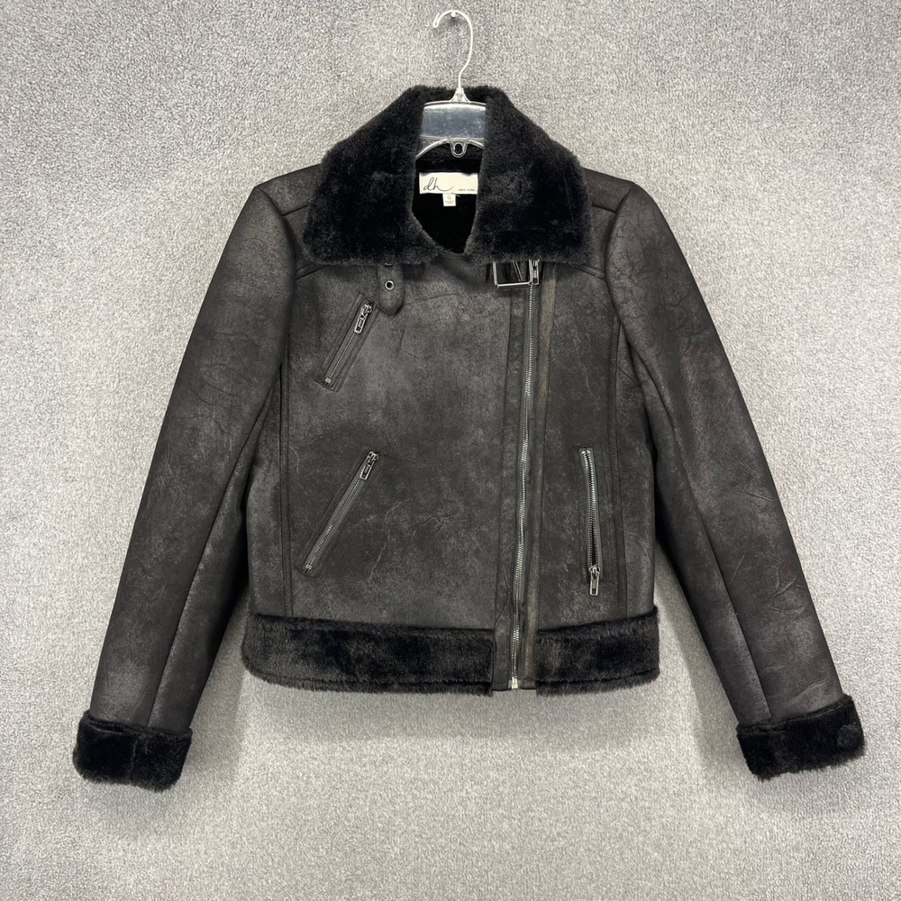 dh New York Faux Suede Moto Jacket Womens Small Black Fur Trim Aviator Biker